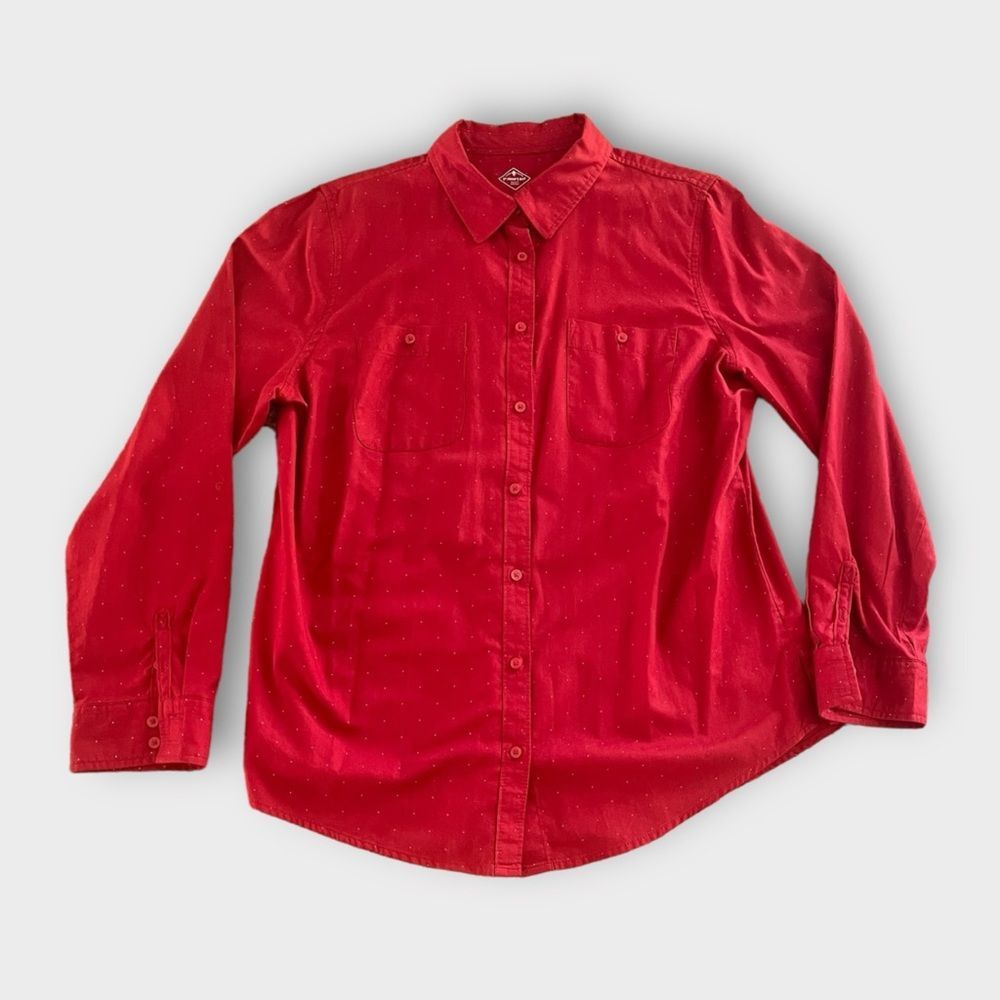 St John's Bay Women's Button Up Collar Shirt L Red w/ Dainty Polka Dots Office